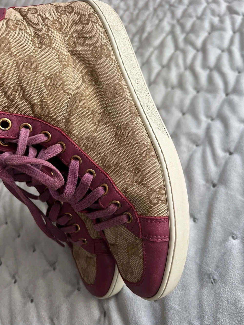 Gucci Beige GG Canvas High-Top Sneakers with Pink Trim